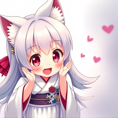 One Woman,Gray Hair,Cat ear,((Chibi Character)) ,Red eyes,,White kimono,Raise your hands,Jumping,Smiling Face,smile,Please enter text in the bottom right corner of the fantasy image,A very popular font,