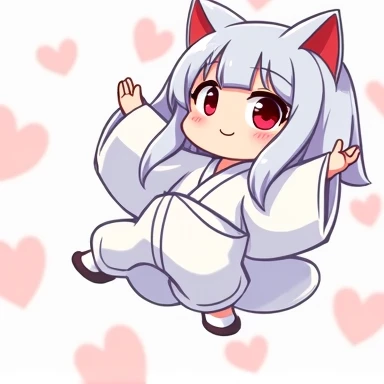 One Woman,Gray Hair,Cat ear,((Chibi Character)) ,Red eyes,,White kimono,Raise your hands,Jumping,Smiling Face,smile,Please enter text in the bottom right corner of the fantasy image,A very popular font,