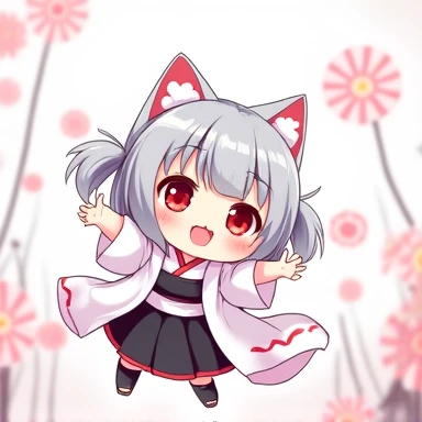 One Woman,Gray Hair,Cat ear,((Chibi Character)) ,Red eyes,,White kimono,Raise your hands,Jumping,Smiling Face,smile,Please enter text in the bottom right corner of the fantasy image,A very popular font,