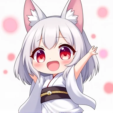 One Woman,Gray Hair,Cat ear,((Chibi Character)) ,Red eyes,,White kimono,Raise your hands,Jumping,Smiling Face,smile,Please enter text in the bottom right corner of the fantasy image,A very popular font,