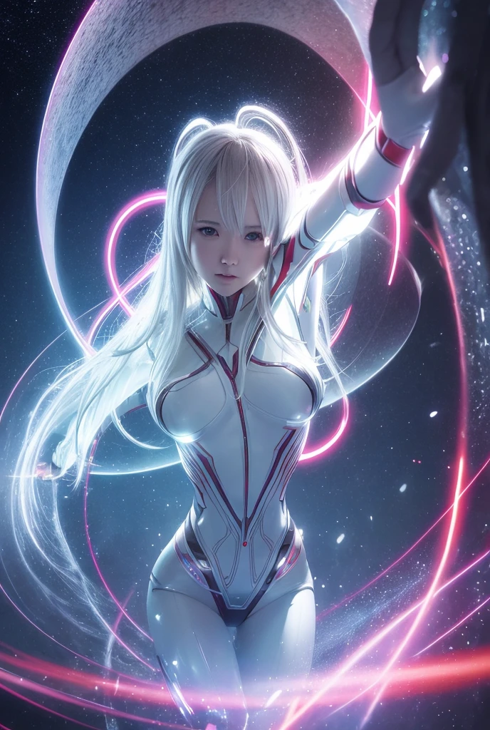 From within the vortex of light、Enter with your fist raised、A female alien with a silver body and red lines、Female Ultraman、The body is transparent