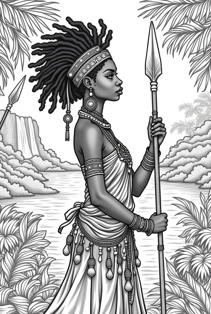 high-resolution line art coloring book page featuring the beautiful Black girl adorned with carib indian carib jewelry and a detailed headdress. The design highlights the patterns and textures, making it perfect for a coloring book., jungle, rivers, waterfal, african, Kalinago princess, spear, kinky hair, beads, kinky african hair