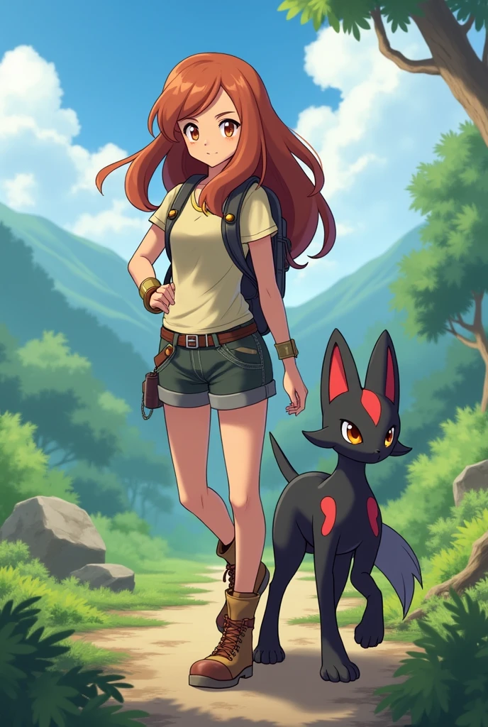 Female Pokémon Trainer, 2 copper brown hair, long, thin, bushy skin brown eyes facing forward with an absol pokemon on the side 