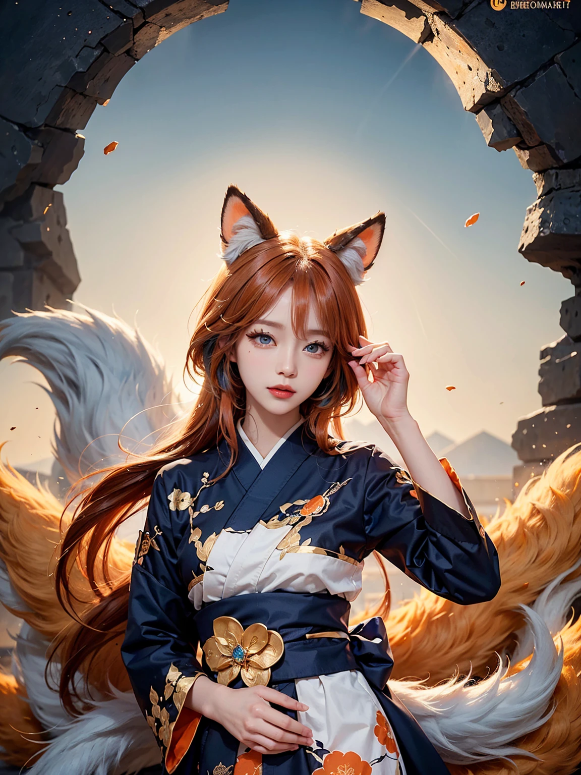 (A Divine Beast), Nine-Tailed Demon Fox, foxes ear, animal ears, animal tails, Dynamic Body Type, (Chinese Monster), Handsome, Splashed Ink, Chinese, 1girl, ((2.5D)), Floating Hair, Beautiful Eyes, Delicate Eyes, Delicate Silhouette, dynamic pose, casual posing, perfect body, perfect anatomy, detailed iris, sparkle eyes, star in eyes, enchanting blue eyes, red lips, sharp eyelashes, (multicolored eyes), (orange hair:1.3), (long hair:1.3), (hair between eyes), (hair over one eye:1.3), (floating hair:1.3), Fantasy Art, (white and gold Antique Brocade kimono), long fluffy sleeves, FOV, (Masterpiece), Frontal Shot, White Background, (Movie Poster), Sharp, Splash, Cloud, Petals, Empty, Sky, (Wide Angle Lens), Vista
