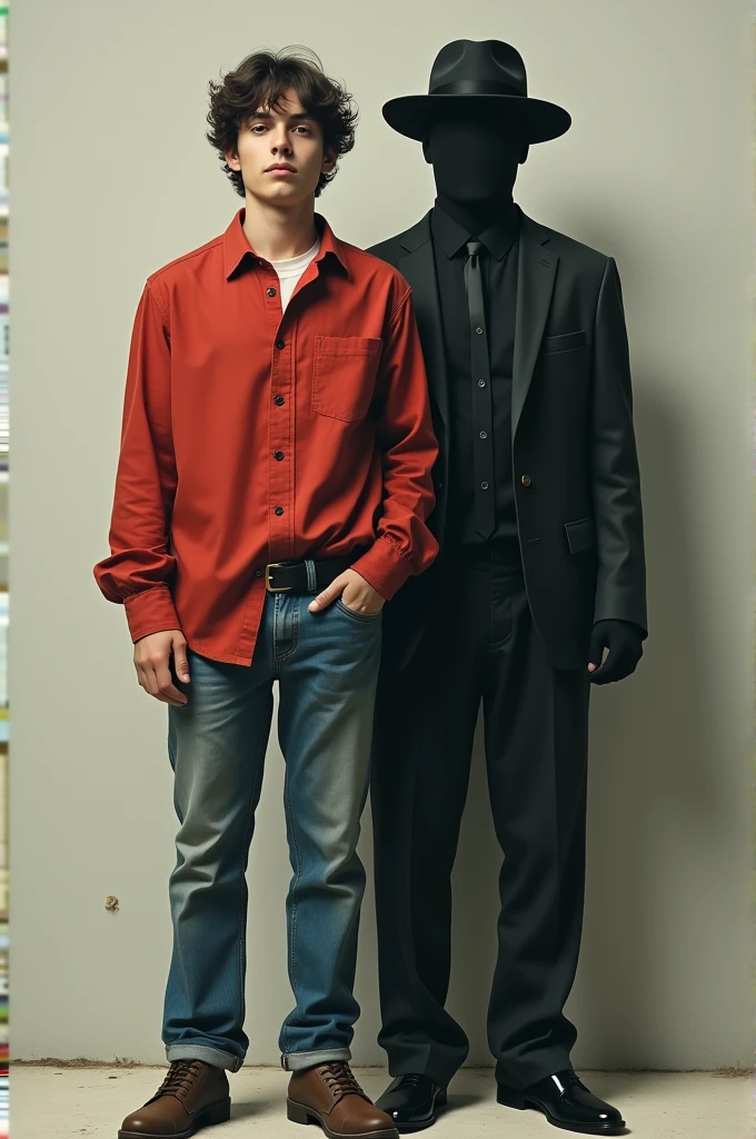 A young man aged 21, in jeans and a red blouse, with a persona in a suit and black hat, with no face.