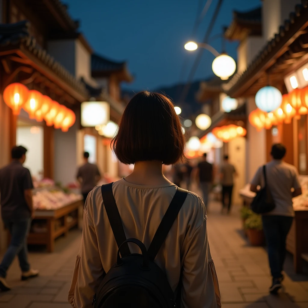 "Photo taken from behind of a young Korean woman with short hair, dressed elegantly, seen from the back, on a Korean street at night, evoking a sense of travel."