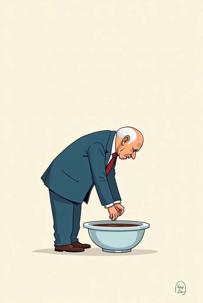 (minimalistic drawing)(carton)(several details) (well dressed old man )(wearing blue suit) man shitting in bowl