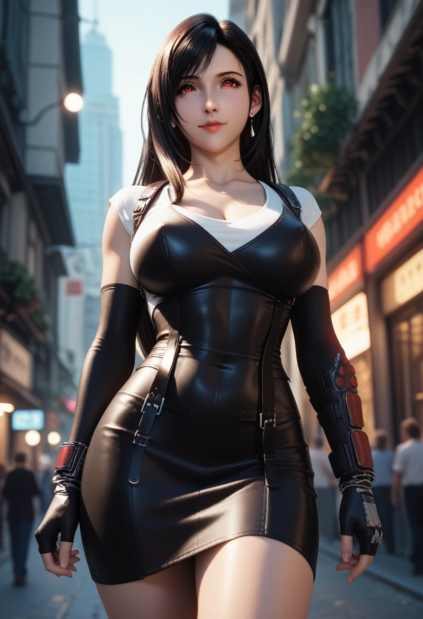 8k,masterpiece,basic quality、(1 person),Tifa Lockhart,Red eyes,City roofs,Black Hair Color,Long white hair,Professional Lighting,(Glowing Skin:1.2),Shiny big,((Highest quality)),Lock Focus:1.2,Highly detailed face and skin texture,Delicate eyes,Perfect face,Perfect body,Blur Art,CG,background,Mature and cool face,、Black slip dress,Black elbow gloves, White tight shirt,sexy、Low - Angle