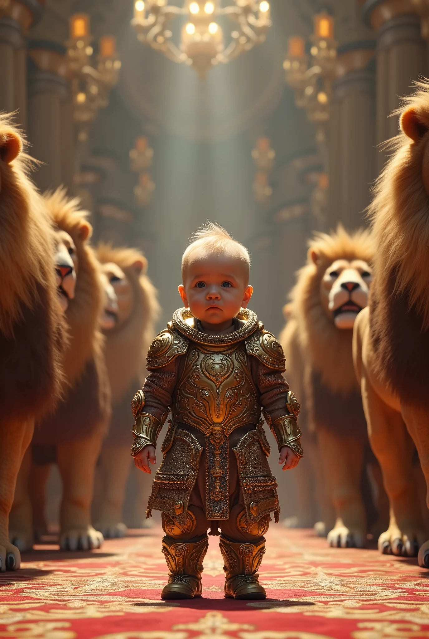 baby　1 person　Armor　A fashion show venue with lion riders　