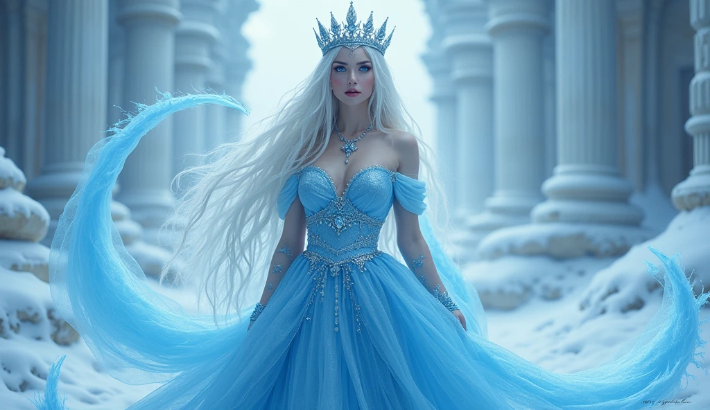 The Snow Queen,Ice Blue Skirt,Little Queen'with Corona,long light hair,blue eyes, like the sky,anger,Background: icy steps of the palace,Unleash the Magic of the Blizzard,Extremely high resolution,full length portrait,upper body,Close-up