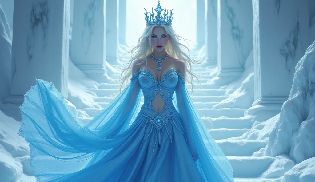 The Snow Queen,Ice Blue Skirt,Little Queen'with Corona,long light hair,blue eyes, like the sky,anger,Background: icy steps of the palace,Unleash the Magic of the Blizzard,Extremely high resolution,full length portrait,upper body,Close-up