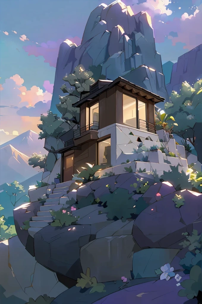 small and beautiful modern house in top of big boulders, terraces, pool, stairs, multiple cacti gardens, palms, trees, rocks, beautiful landscape design, mountains and volcano y background, amazing clouds, sun, moon, planets, milky way galaxy, concrete, wood, glass and steel materials, olive green, violet, orange and withe colors in facade