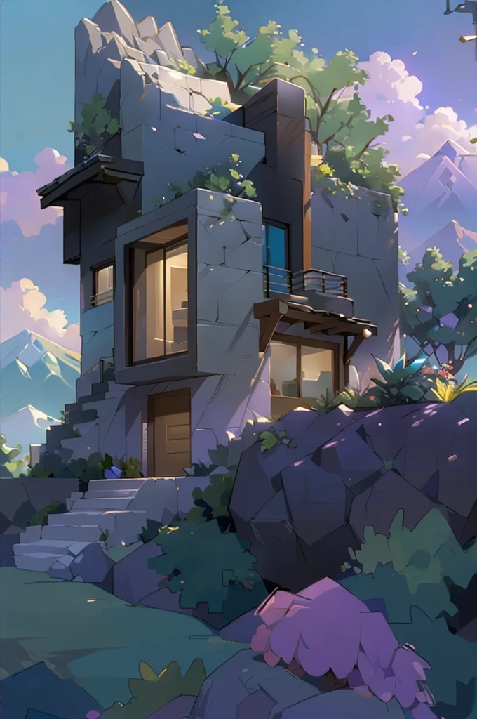 small and beautiful modern house in top of big boulders, terraces, pool, stairs, multiple cacti gardens, palms, trees, rocks, beautiful landscape design, mountains and volcano y background, amazing clouds, sun, moon, planets, milky way galaxy, concrete, wood, glass and steel materials, olive green, violet, orange and withe colors in facade