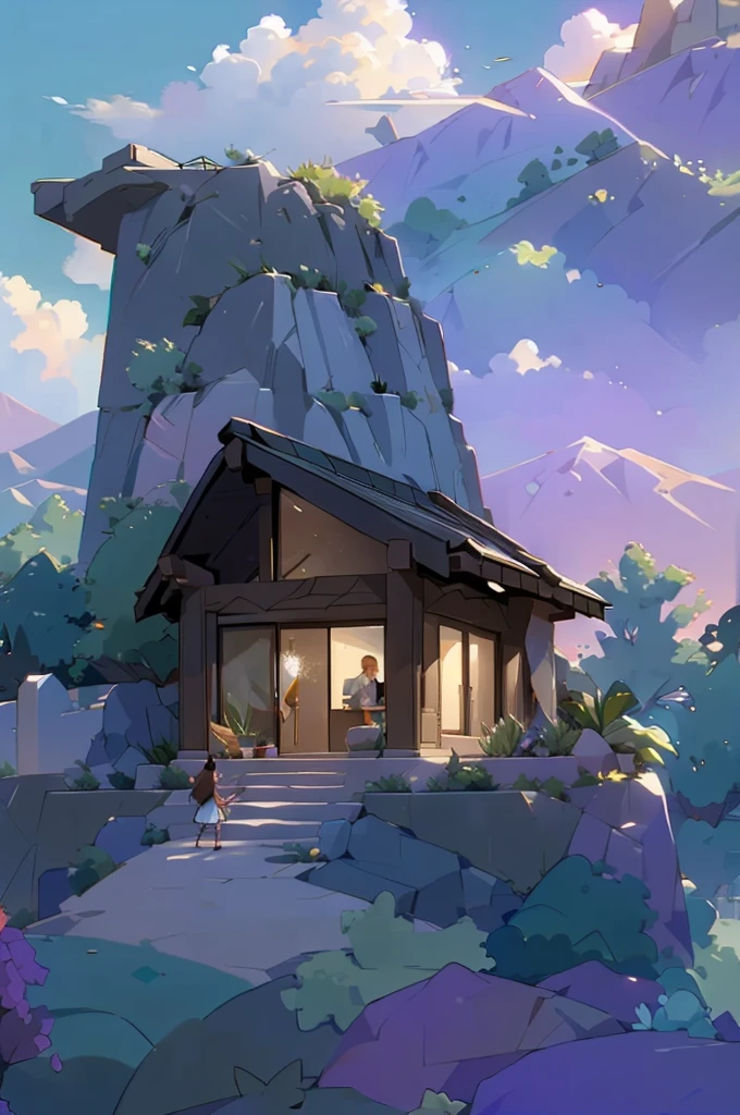 small and beautiful modern house in top of big boulders, terraces, pool, stairs, multiple cacti gardens, palms, trees, rocks, beautiful landscape design, mountains and volcano y background, amazing clouds, sun, moon, planets, milky way galaxy, concrete, wood, glass and steel materials, olive green, violet, orange and withe colors in facade