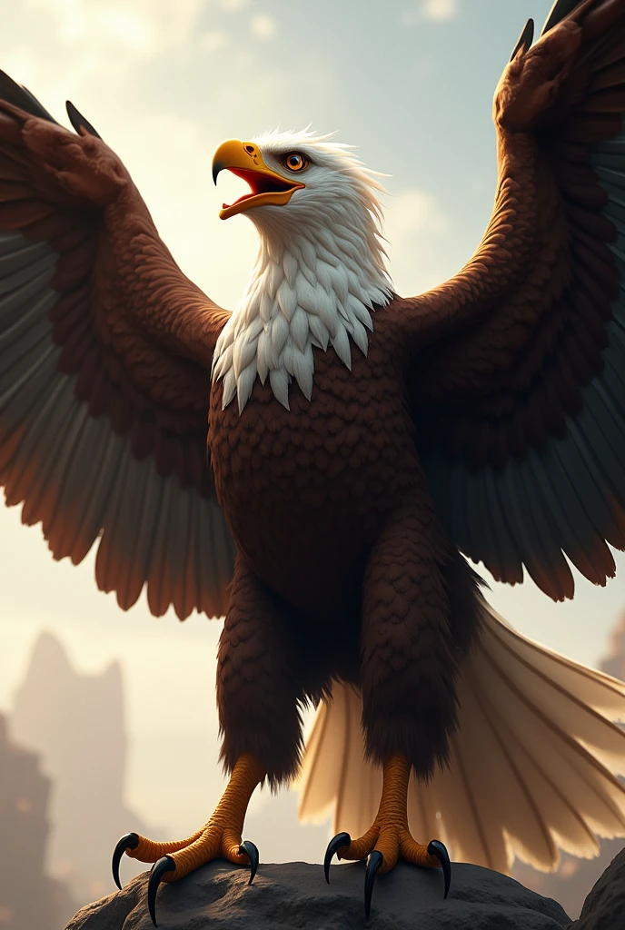 Eagle, muscular, both hands pointing up, full body,
