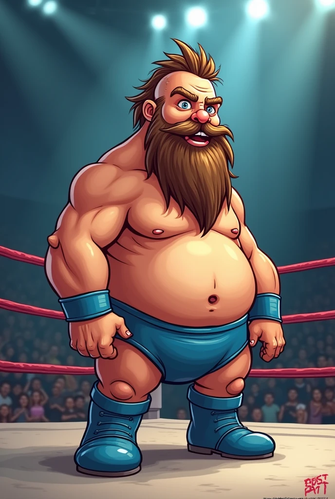 Fat Cartoon Earthworm dressed like WWE wrestler Earthquake
Fat Cartoon worm body. Cartoon worm head. Cartoon worm arms. Cartoon worm legs.
Long brown hair with balding on top.
Brown mustache and beard.
Blue singlet. Blue underwear. Blue wrestling boots.
Standing in a wrestling ring.