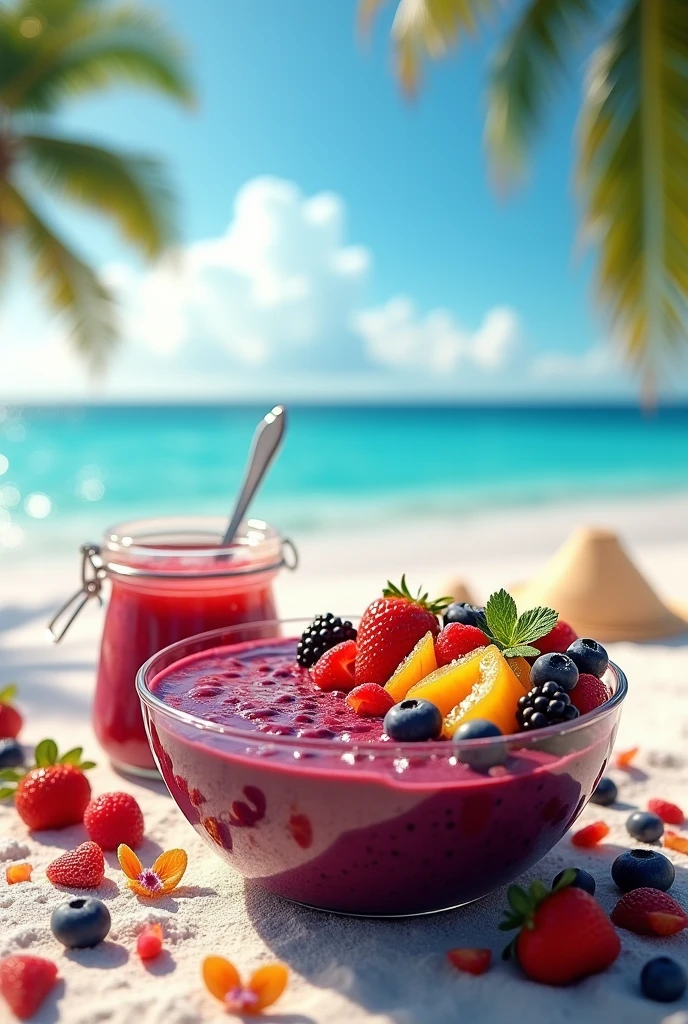 Best image quality、Highest quality、up、masterpiece、Tropical Beach、Acai bowl、Mr.々な色に輝くガラスのjamの容器、colorful、orange、jam、Gorgeous image