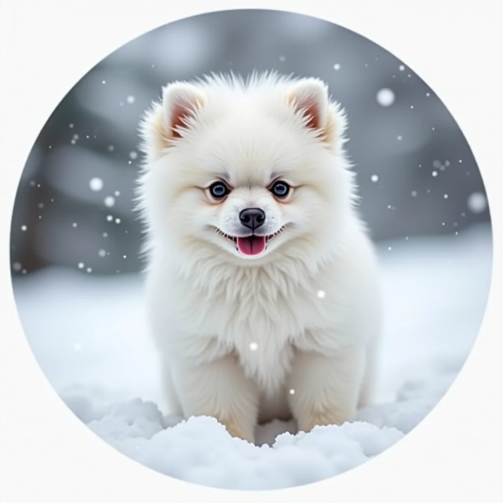 snow, snowmobile,23 logo in a circle, A baby white toy poodle with a cute face and round ears、Cute white pomeranian baby、Big Head、トイプードルとポメラニアンのsnow合戦