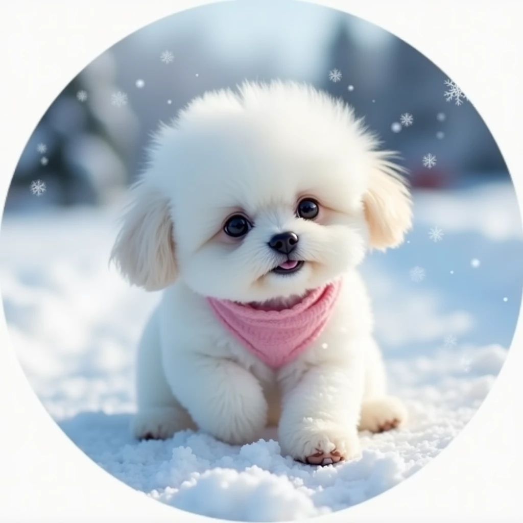 snow, snowmobile,23 logo in a circle, A baby white toy poodle with a cute face and round ears、Cute white pomeranian baby、Big Head、トイプードルとポメラニアンのsnow合戦
