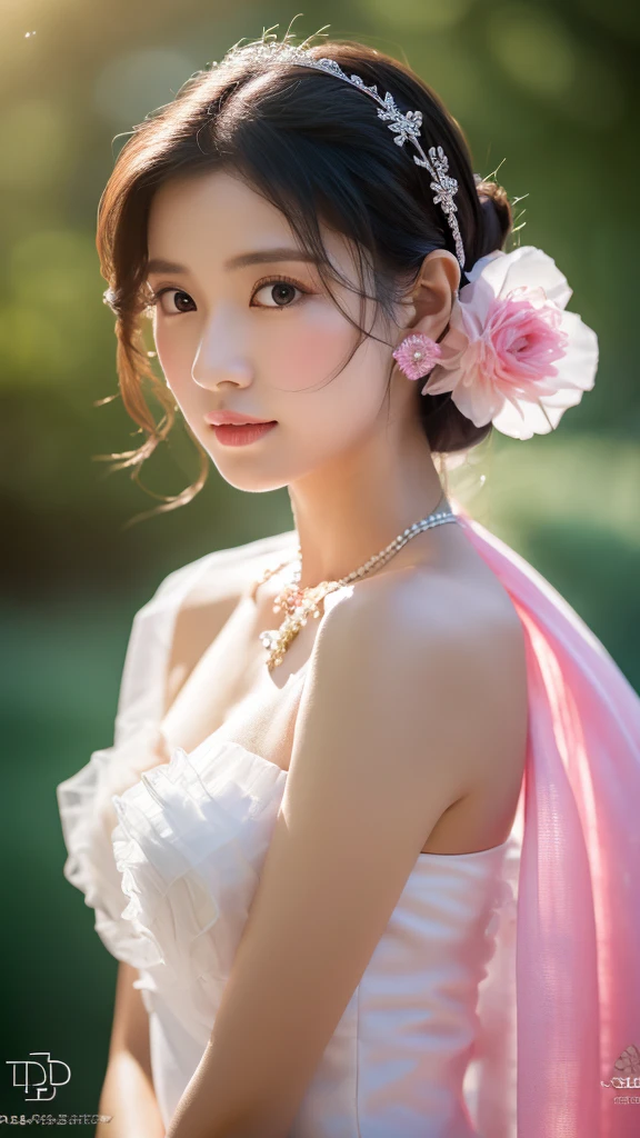 最high quality, masterpiece, High resolution, One person, Chinese Hanfu,Chinese Architect Background, Pink organza shawl, hair ornaments,necklace, jewelry,Beautiful Face,On top of that_body, Tyndall effect,Realistic, Dark studio, Rim Light, Two-tone lighting,(Skin with attention to detail:1.2), 8k uhd, Digital SLR, Soft lighting, high quality, Volumetric lighting, Frank, photograph, High resolution, 4K, 8k, Bokeh,Girl in white dress