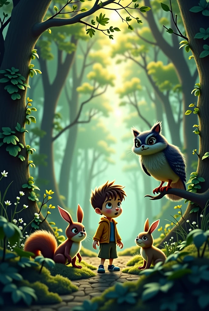 A  boy lost in the forest, a kind owl, a kind squirrel and a kind rabbit