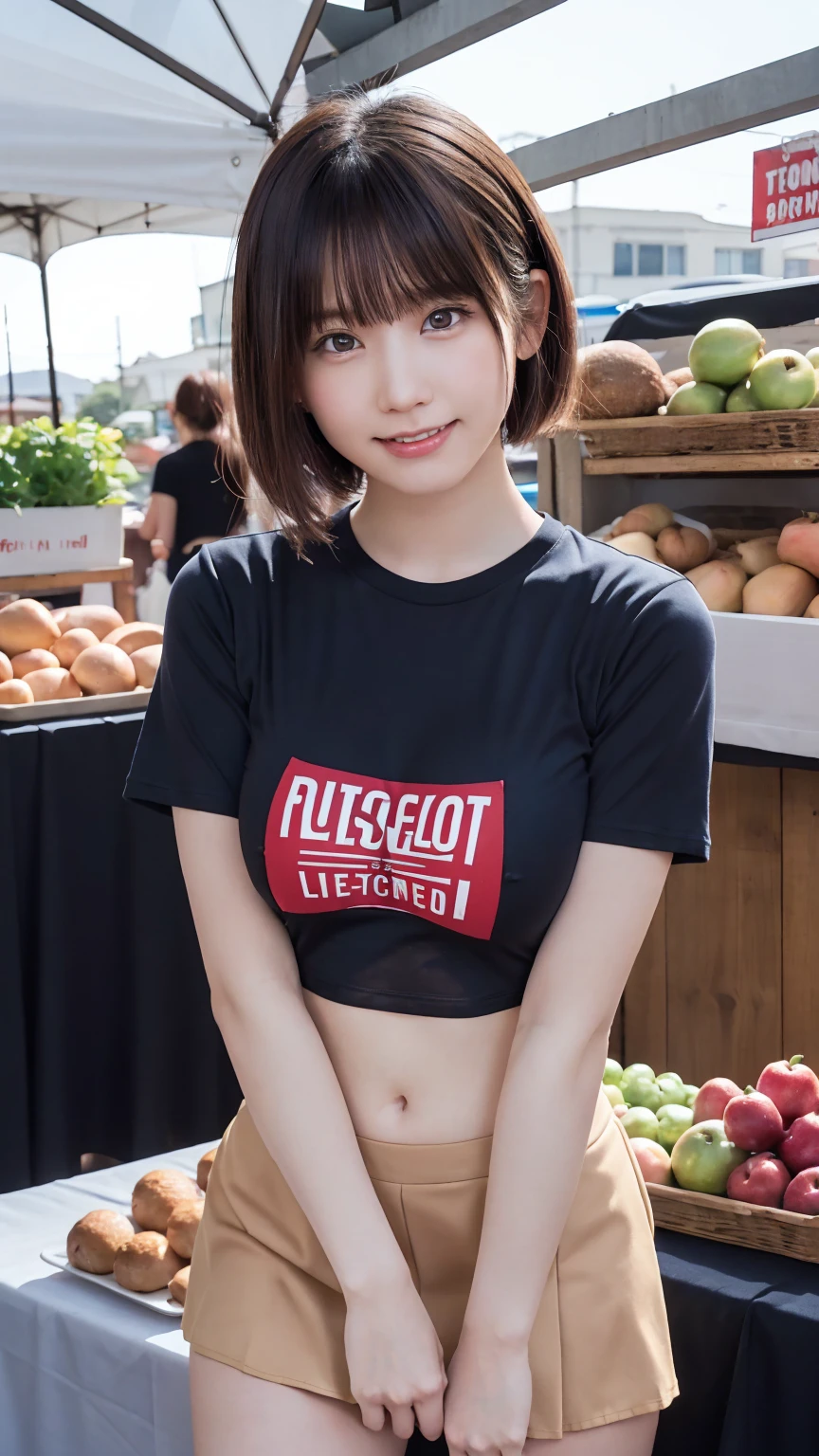 beautiful girl, (Cropped transparent clothes Breast T-shirt:1.3, low-rise skirt:1.3), (****:1.3), break, (farmers market:1.2), break, Shy laugh, Very beautiful eyes, (Symmetrical eyes:1.3), break, (D cup Breasts:1.2), Brown eyes, Parted bangs, Brown bobcut hair:1.3, Round face, cute, break, (Eye and facial details:1.0), Spread your legs:1.3, Shooting from below, Pussy Line, Camel Toe, Looking into the camera, masterpiece, Highest quality, RAW Photos, Realistic, Cute people, Written boundary depth, High resolution, Very detailedな, In detail, Very detailed, Very detailed, Sharp pupils, Cinema Lighting