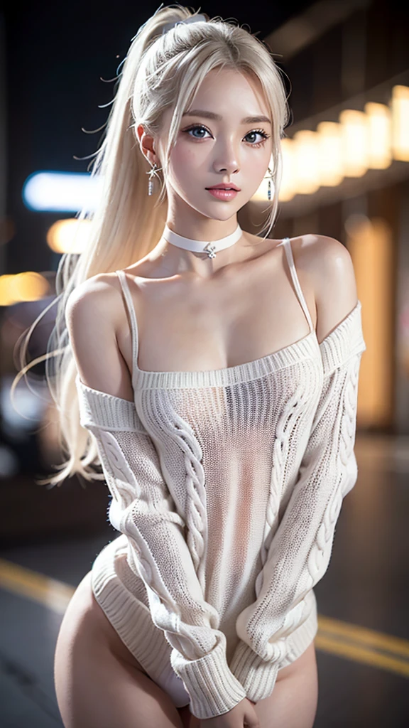 ((Virgin-killing sweater))Extraordinary sexy beauty、beautiful, calm and bright look、Sexy and refreshing look、完璧なbeautifulcute顔、Very bright, Bright Blue Eyes、Short Ponytail、Long bangs between the eyes、Long platinum blonde straight hair、beautiful facial hair、とてもcute、beautifully、Sexy young tiny woman、非常に完璧なbeautifulcute顔、beautiful clear cute eyes、Real女性、cute,((Small breasts))、(((Long white hair)))、(())、) And a very slim figure,,,,,、Very thin leganicules、Earrings、Pink Lip、choker、Real、Sexual、Highest quality、Detailed face、Detailed Background、Depth of written boundary、whole body viewing angle、Sexual、alone、night,Highest quality、High resolution、超High resolution(Real:1.4)Detailed eyes、Gradation、Perfect anatomical figure、Woman with perfect body、Highly detailed skin、非常にDetailed face、細部までbeautiful目、Background blur、