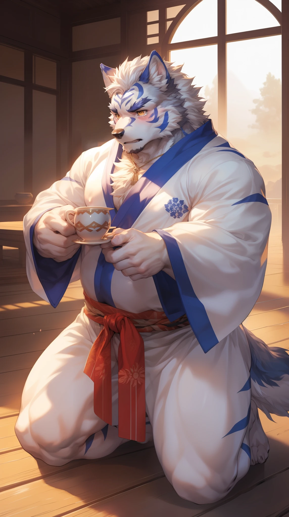 (By Empty Ghost, From thebigslick, By Dark Gem, Will chase), Keyuan Building (Onmyoji Daisenji Temple), High quality photos, Perfect anatomical structure, Anthropomorphic white wolf, male, 30 years old, (wolf print), Thick eyebrows, short hair, Strong body, Fat, White pectoralis major, blue stripes, White Kimono, Pine tree pattern embellishment, Small bump, Pink milk clusters, Kneeling on the wooden floor of the courtyard, a cup of tea, Sad expression, Tears, blush, Golden pupils, Look up at the audience, Clear facial features, (Dynamic poses:1.5), Strong, solitary, Bottom view, Full body portrait, early morning, Foggy atmosphere, In the classical garden, White pebbles can be seen everywhere, wild plants, (By Empty Ghost, From wolf20, masterpiece, high quality, high resolution, 8k)