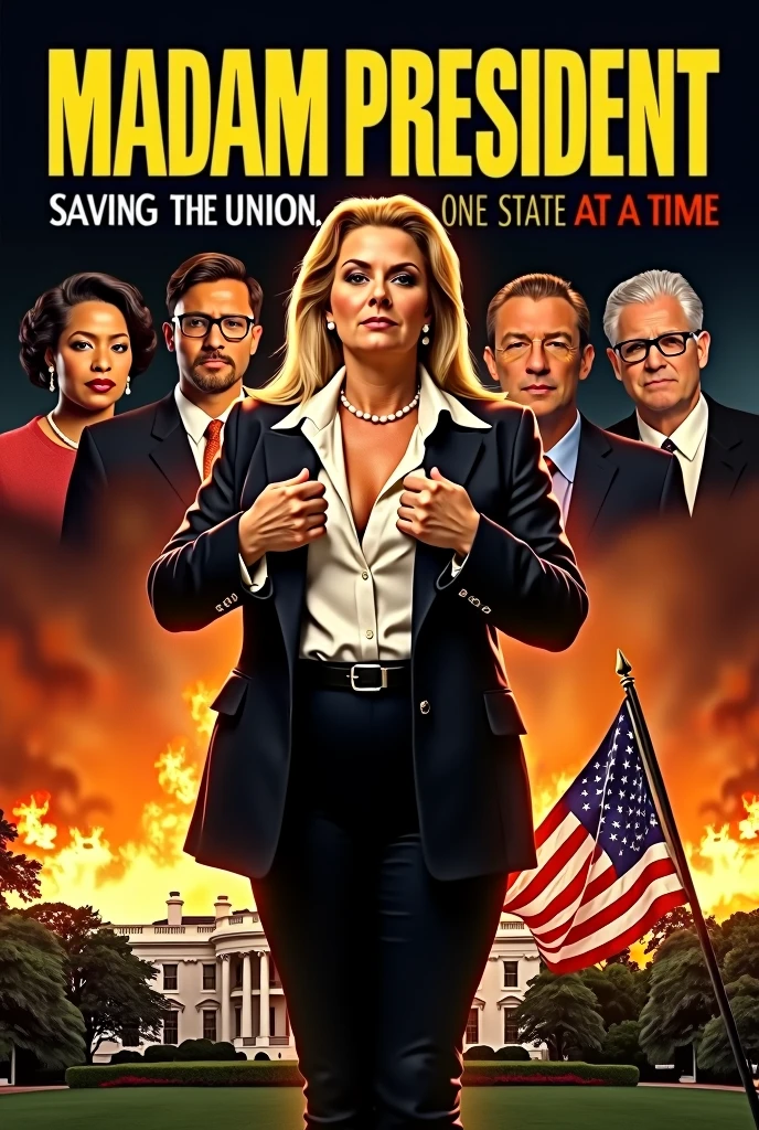 High quality, 1990s sci-fi movie poster, titled “Madam President” in bold large Yellow text, the tagline in smaller text “Saving the Union, One State at a Time.” Tall, chubby, Jewish Woman, age 60, chin up, looking down, thick body, broad shoulders, wide hips, long straight hair, formal suit, (plunging neckline), hands opening her shirt, behind her are five varying size headshots of other diverse ethnicity actors staggered, background is White House burning, tattered American flag waving