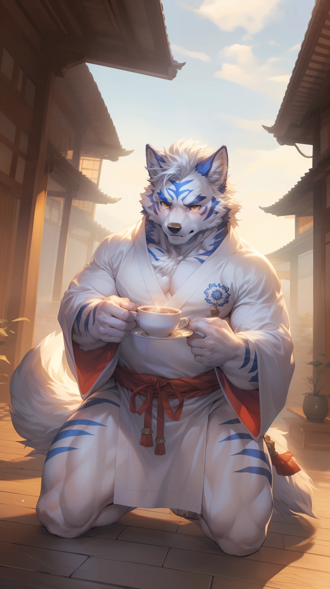 (By Empty Ghost, From thebigslick, By Dark Gem, Will chase), Keyuan Building (Onmyoji Daisenji Temple), High quality photos, Perfect anatomical structure, Anthropomorphic white wolf, male, 30 years old, (wolf print), Thick eyebrows, short hair, Strong body, Fat, White pectoralis major, blue stripes, White Kimono, Pine tree pattern embellishment, Small bump, Pink milk clusters, Kneeling on the wooden floor of the courtyard, a cup of tea, Sad expression, Tears, blush, Golden pupils, Look up at the audience, Clear facial features, (Dynamic poses:1.5), Strong, solitary, Bottom view, Full body portrait, early morning, Foggy atmosphere, In the classical garden, White pebbles can be seen everywhere, wild plants, (By Empty Ghost, From wolf20, masterpiece, high quality, high resolution, 8k)