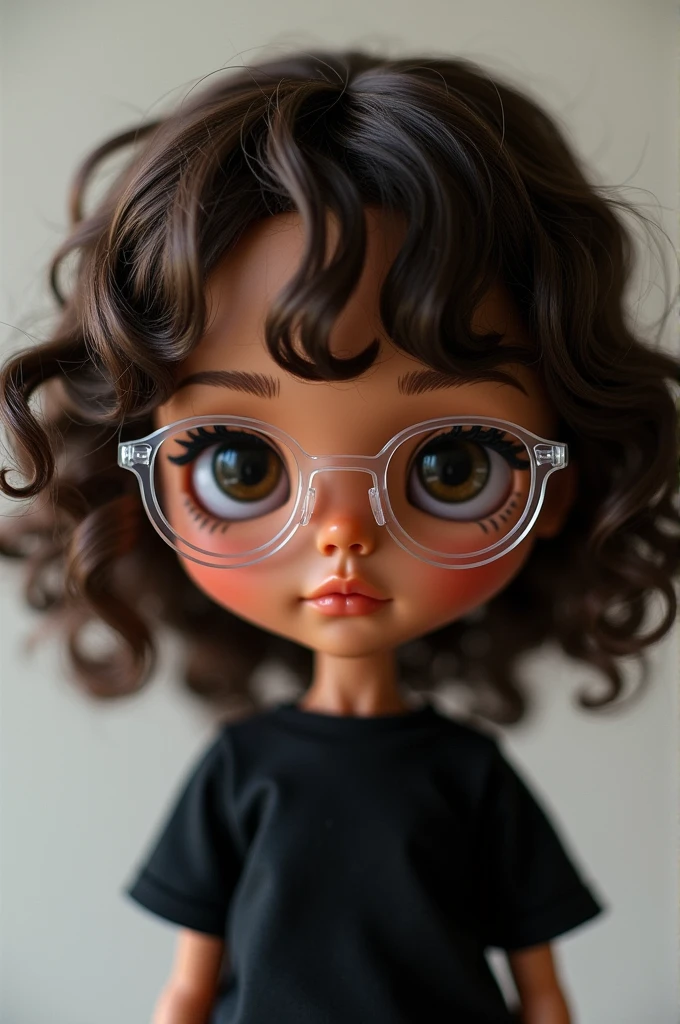 make me a blythe doll that is brown skinned, with dark brown curly hair and curly fringe too, with black eyes and clear glasses, with black t-shirt and that the image is sharpened completely