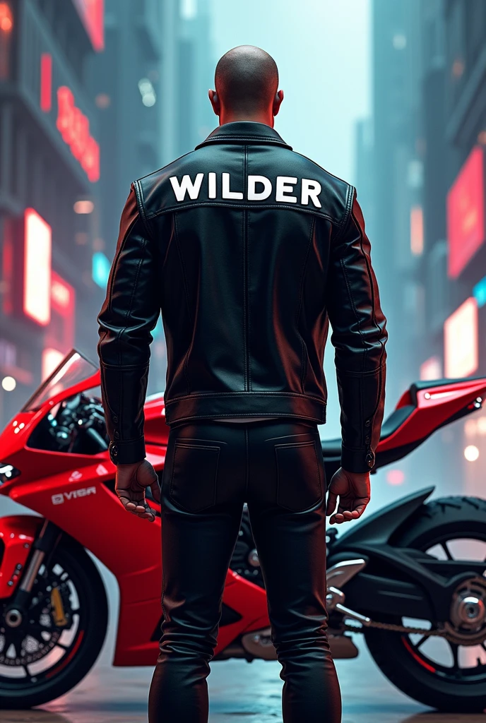 As an image of a man standing with his back turned with the name WILDER on his jacket standing in front of a red anime motorcycle