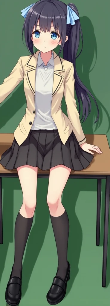 Please, an image of a girl with pale skin, dark blue hair that she wears tied with light blue ribbons in two low pigtails, the right one in front of her while the left rests behind her back, and blue eyes sitting at another girl's desk with dark purple hair tied in a long ponytail that reaches down to her thighs, with thin amber eyes, as the two share a light chat. Wearing a school uniform consisting of a beige collared formal jacket along with a white t-shirt underneath.