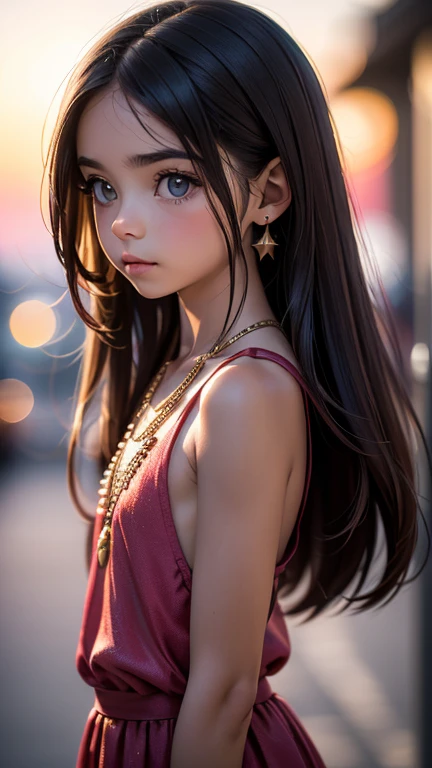 younger ángel girl, dark brunette, hair straightened, (((regular build)), ((( person))) bokeh effect, profesional light, sunset, , out of focus, jeweler&#39;s, pose on París, bracelet, (((jeans))) (((style sensual))) 