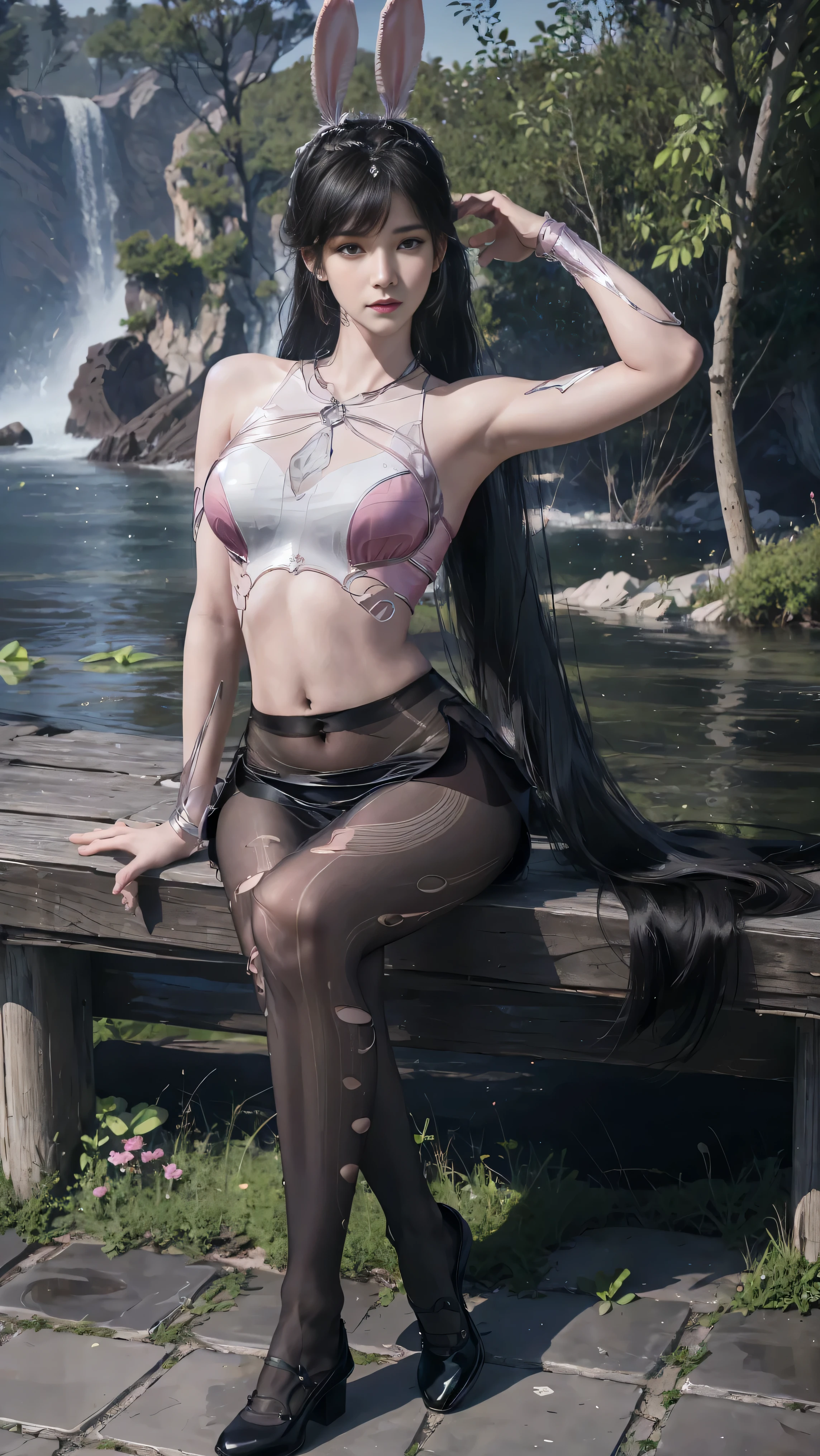 (1 girl:1.3), alone, __body parts__, official art, unified 8k wallpaper, Super detailed, Beautiful and beautiful, masterpiece, best quality, raw, Super detailed photos, best quality, ultra high resolution, Photorealism Photorealism, Sunlight, whole body portrait, amazing beauty, delicate face, vibrant eyes,Keep your feet apart,Squat down, (from the front), Detailed face, Gorgeous, highly refined skin, Realistic skin details, Visible pores, sharp focus, volumetric Fog, 8k Ultra HD, dslr camera, high quality, film grain, White skin, Photorealism, black hair, black hair, breast, Slender legs,Black transparent thong,Black transparent tights,Spread your legs,Revealing thong,(breast facing the camera:1.3),(Navel facing the camera:1.3),shoe,open eyes, Slit sleeves, skinny, transparent, Pink, skirt, transparent panties, Pink, twisted braids, long braids, jewelry, gold accessories, Gorgeous accessories, complicated, delicate lips, long hair, medium breast, outdoor, close lips, petal, peach blossom, Rabbit ears, Pink Rabbit ears, Nice shoe,permanent, dynamic poses, whole body, torn pantyhose