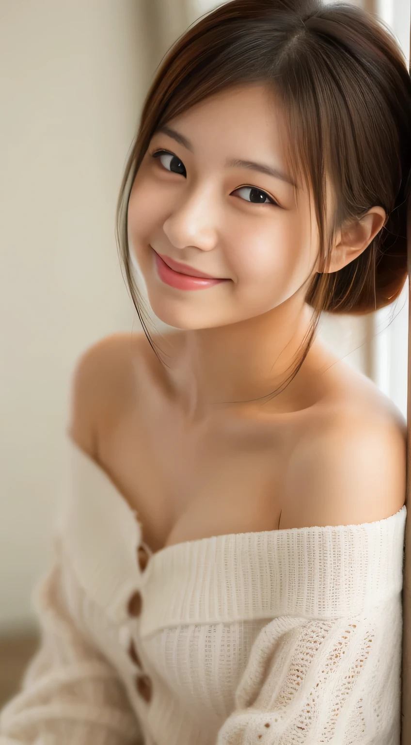 masterpiece,best quality,(Japanese girl),((Beautiful girl)),cleavage,(off shoulder:1.2),(perfect body beauty:1.2),(shy smile),From slightly above