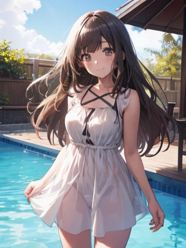 Girl, cute, adorable, smiling, straight hair, long hair, black hair, brown eyes, standing, Swayback stance, looking at the camera, From the front, from thighs to head, pool, daylight,Skirt-style-bikini