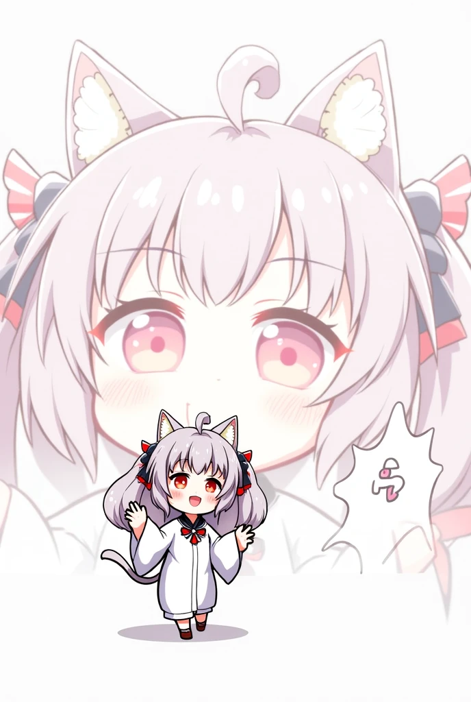 One Woman,Gray Hair,Cat ear,((Chibi Character)) ,Red eyes,,White kimono,Raise your hands,Jumping,Smiling Face,smile,Please enter text in the bottom right corner of the fantasy image,A very popular font,