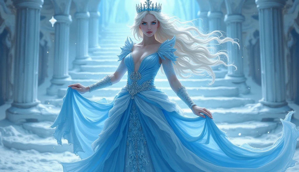 The Snow Queen，Ice Blue Skirt，Little Queen&#39;with Corona，long light hair，blue eyes, like the sky，anger，Background: icy steps of the palace，Unleash the Magic of the Blizzard,Extremely high resolution,full length portrait,upper body,Close-up