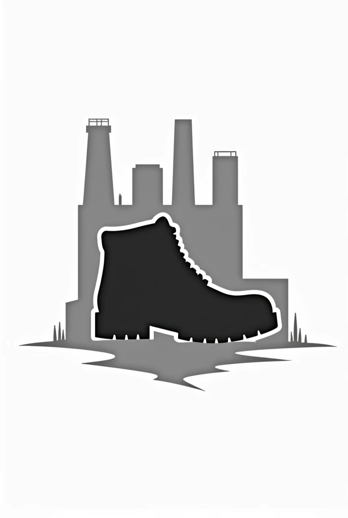 Make the outline of a work boot and in the center the outline of an oil factory only with lines to use it as a logo for the factory that is behind the boot and looks bigger.