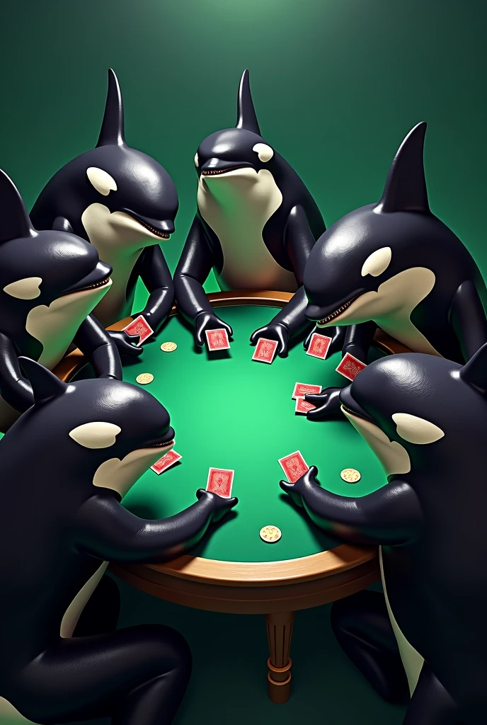 A group of majestic orca whales gathered around a poker table, their sleek black bodies contrasting against the vibrant green felt. Each whale holds a hand of cards, their expressions ranging from intense concentration to playful amusement.