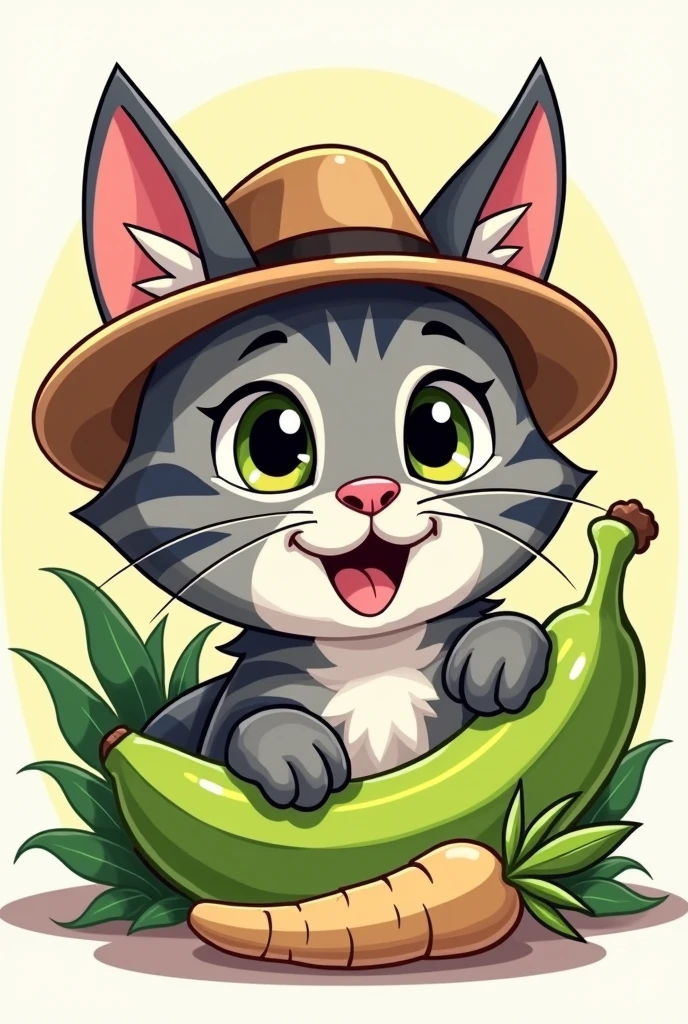 Gray Bengal cat head with hat and green bananas and tubers logo cartoon