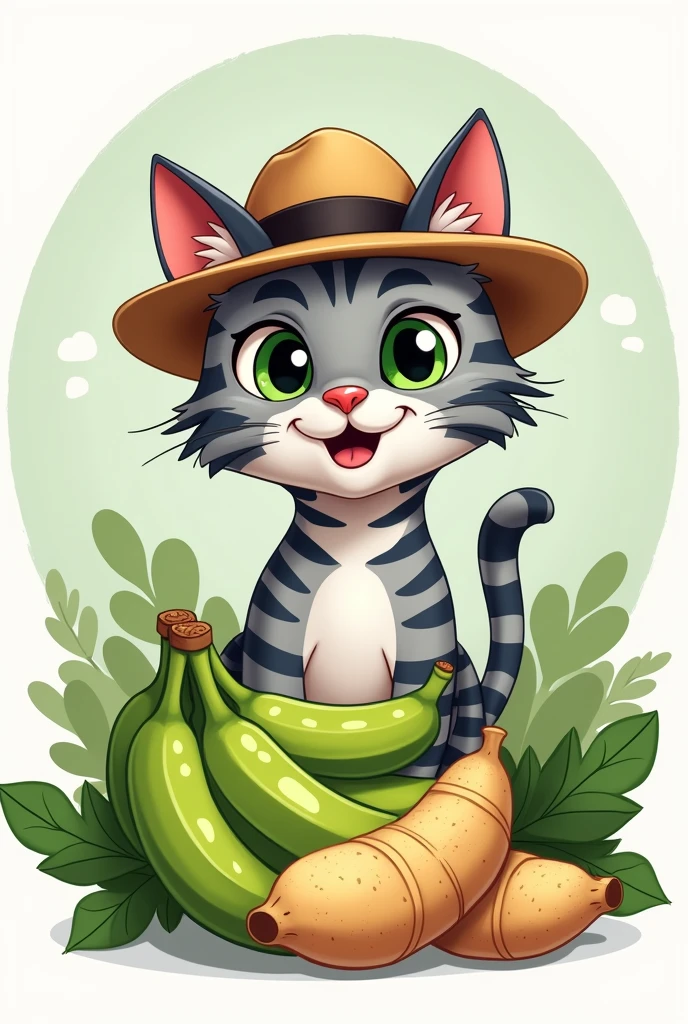 Gray Bengal cat head with hat and green bananas and tubers logo cartoon