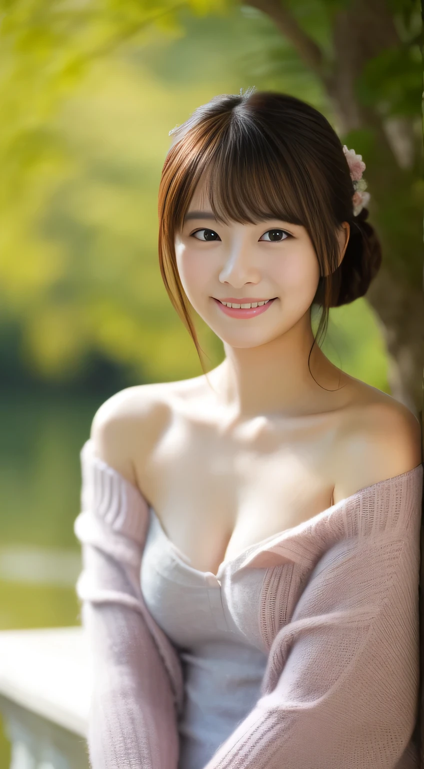 masterpiece,best quality,(Japanese girl),((Beautiful girl)),cleavage,(off shoulder:1.2),(perfect body beauty:1.2),(shy smile),From slightly above