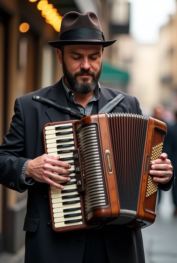 Man with hat playing an accordion that is not a key accordion, that accordion is not

