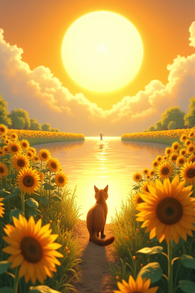 Image of animal looking for the sun, sunflower field, water reflecting the sun and himano putting on sunscreen