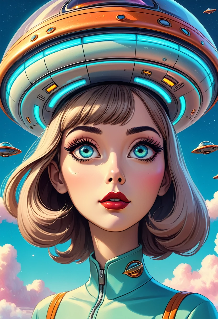 a whimsical retro futuristic UFO, a comical and nostalgic scene, beautiful detailed eyes, beautiful detailed lips, extremely detailed eyes and face, long eyelashes, floating in a serene sky, photorealistic, 8k, hyperdetailed, vibrant colors, dramatic lighting, cinematic composition, masterpiece, concept art