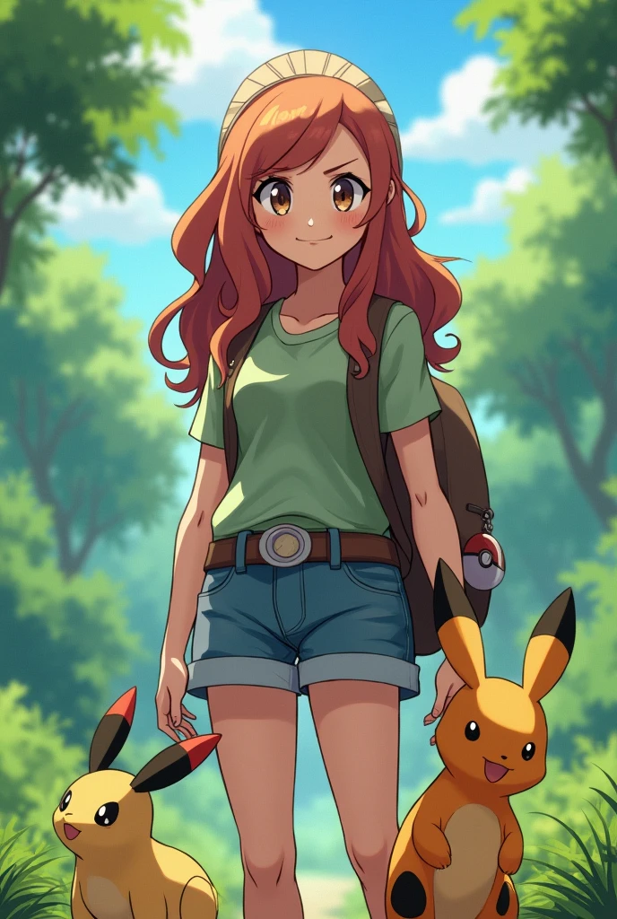 Female Pokémon Trainer, 2 copper brown hair, long, with brown eyes and brown skin facing forward with a Pokémon at the side 