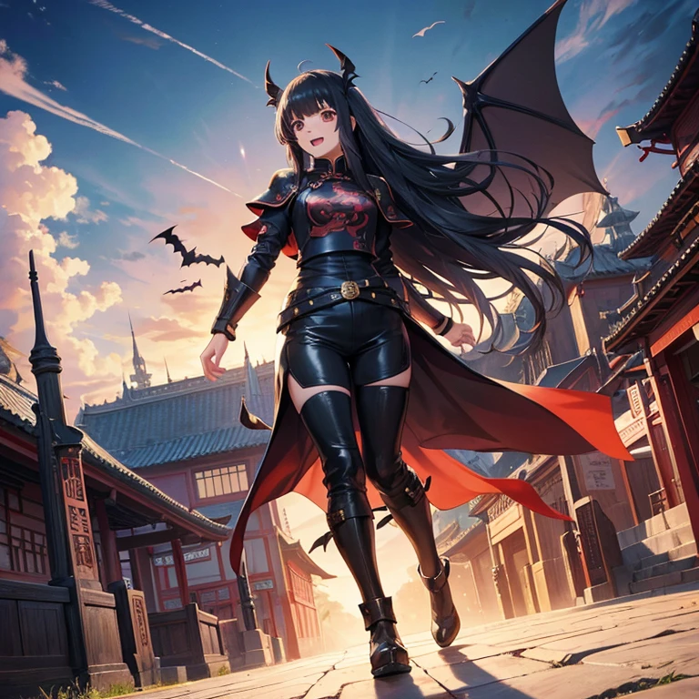 Girls, Anime, Black Leather Pants, Chinese Knight Armor, Long Hair with bangs, Chinese Castle, Giant Bat Wings, Asian, Smile, Friendly, Open Mouth, Full Body, Ghibli.