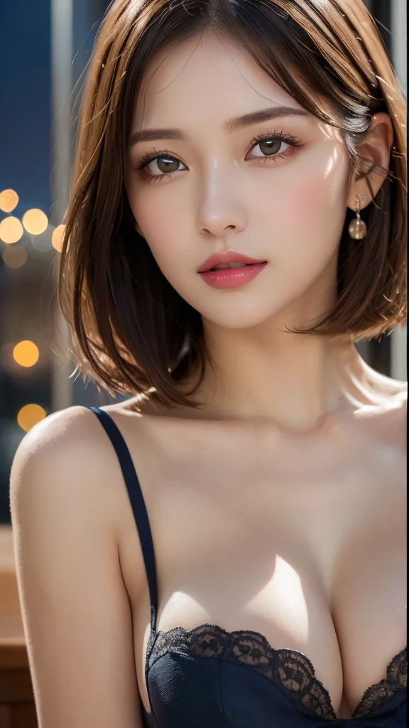 (Photorealistic, 32k, RAW photo, best quality:1.4), (masterpiece:1.3), (ultra high resolution, ultra realistic, highly detailed, golden ratio, ultra detailed), 1 beautiful woman, natural makeup, intricate cloth texture, finely detailed hair texture, beautiful full-body, perfect female form, anatomically accurate, highly detailed face and skin, (elegant hands), (realistic skin), (beautiful pale skin:1.1), (extreme close-up:2.0), (Oversized Breasts), (Wearing blue Slip Dress:1.5),
BREAK,
realistic eyes, captivating detailed eyes, symmetric eyes, light brown eyes, double eyelids, thin eyebrows, (glossy lips:1.4), (kissable expression, blush:1.3),
BREAK,
((short bob cut, dark brown hair, bangs:1.2)), (Late Night, Moonlit night, Castle balcony:1.3)
